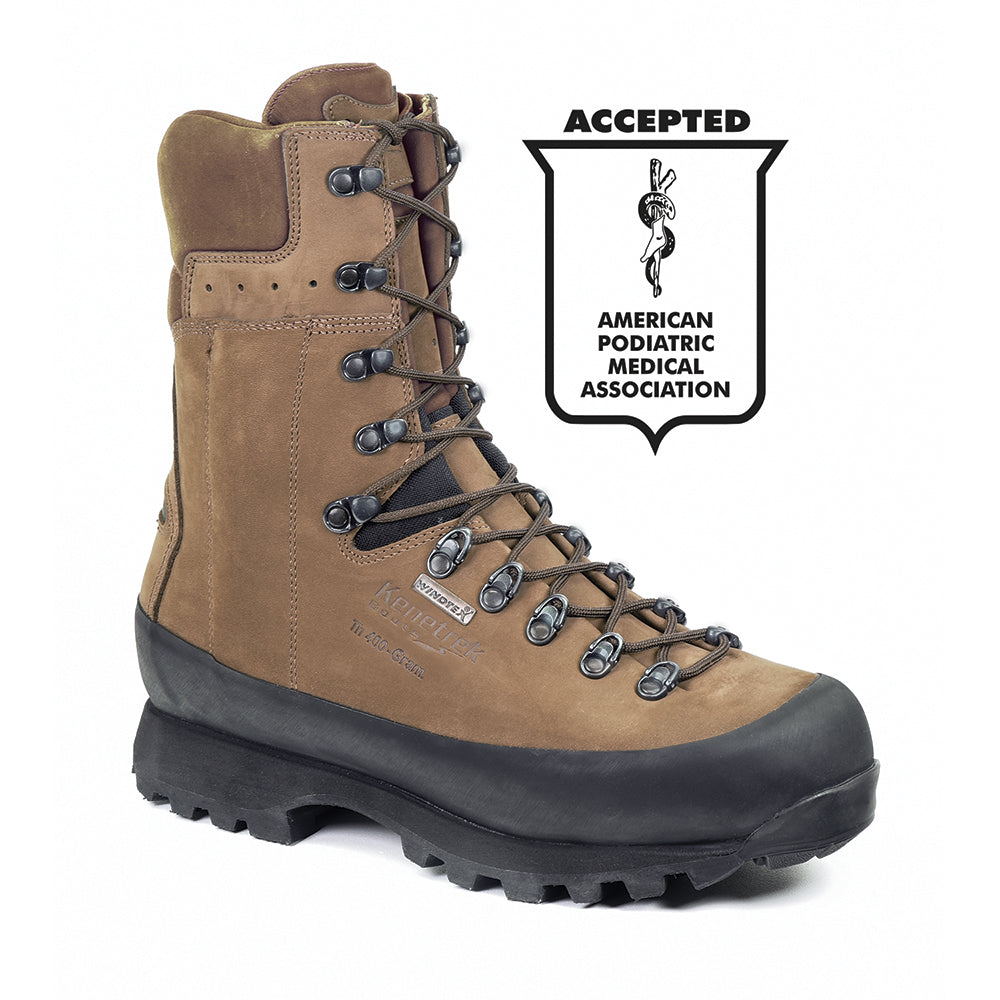 Brown hiking boot with black sole on a white background, featuring the American Podiatric Medical Association logo.