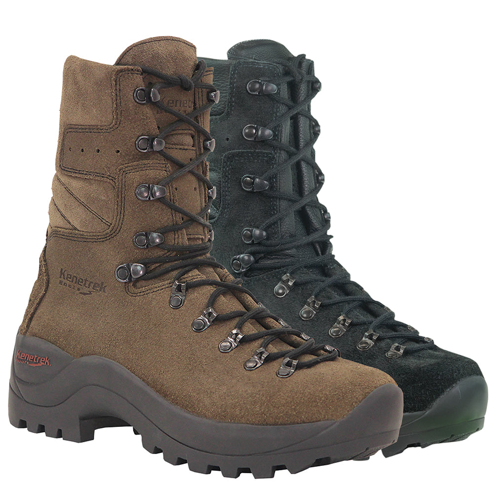 image of brown and black wildland fire firefighting boots with Kevlar laces on a white background