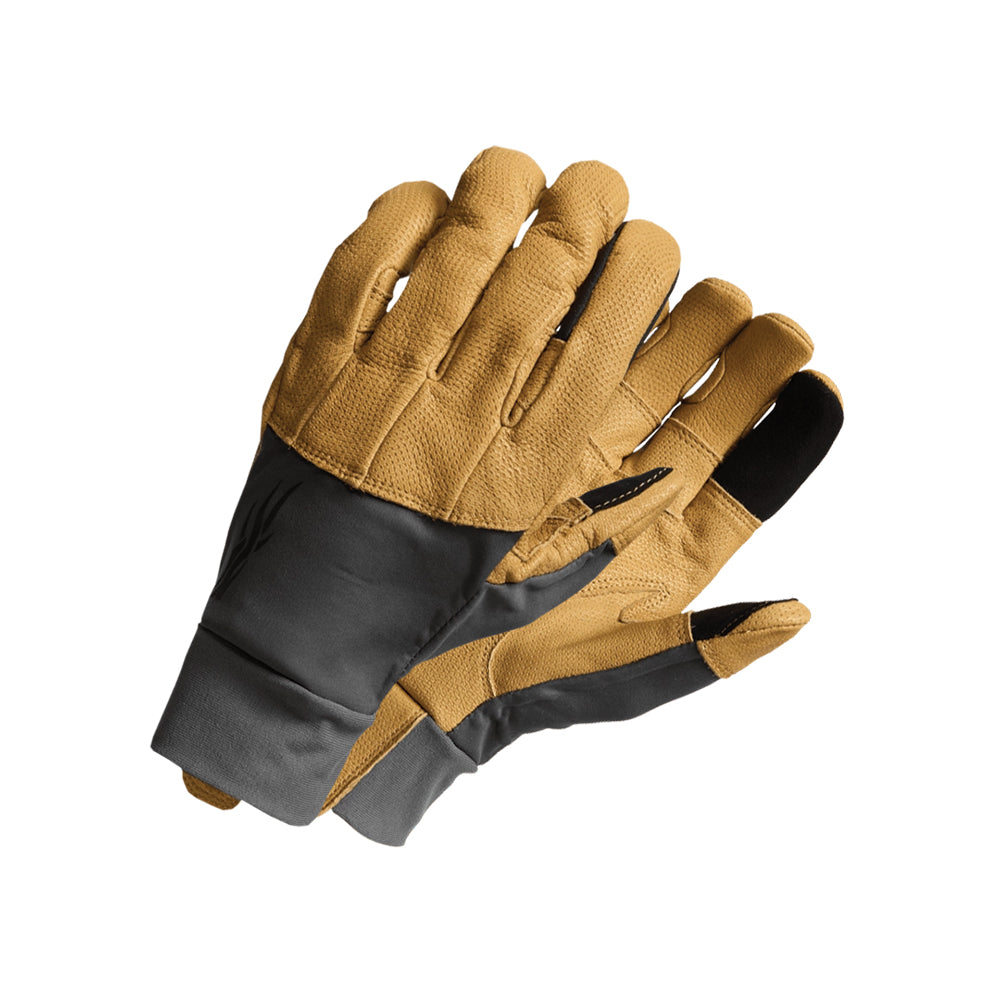 A pair of work gloves in tan and dark gray, shown overlapping against a solid white background.