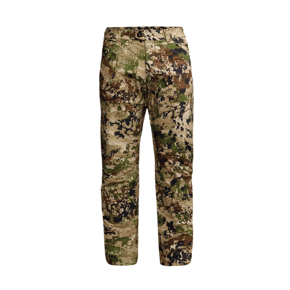 A pair of Sitka Guard LT camouflage pants shown flat against a solid white background, displaying a digital bark-style camo pattern in shades of green, brown, tan, and black.