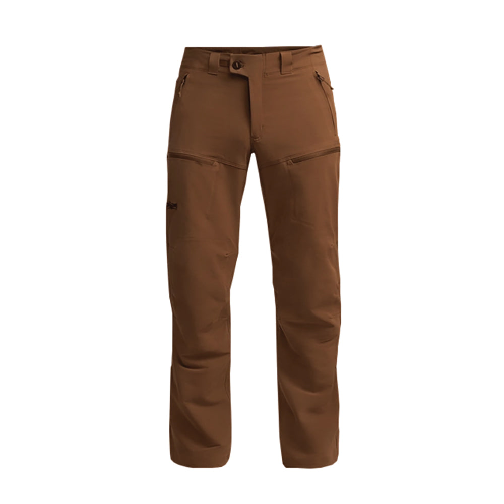 A pair of brown Sitka Endure technical outdoor pants with multiple zippered pockets, shown flat against a solid white background.