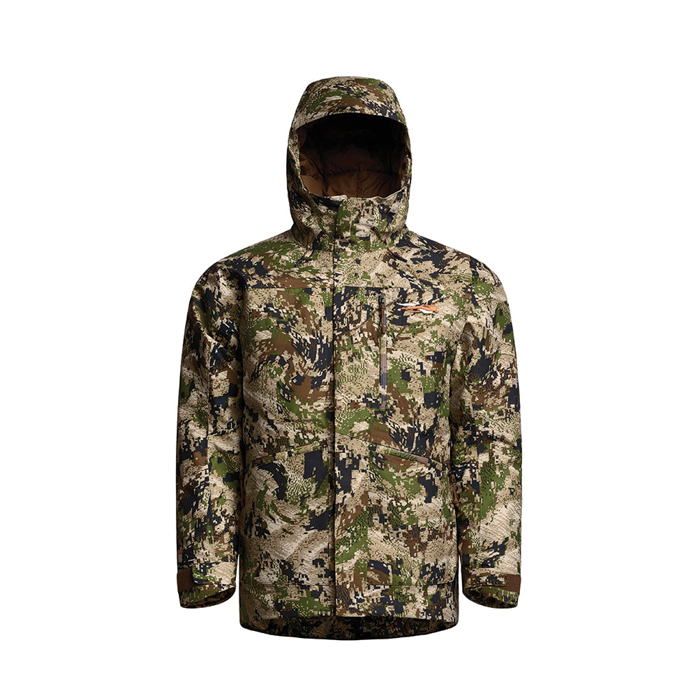 A hooded camouflage jacket with a digital bark-style pattern in shades of green, brown, beige, and black, shown against a plain white background.