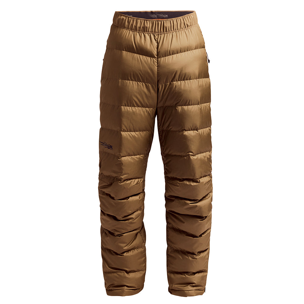 A pair of Sitka brown puffer MicroDown pants with horizontal quilting, shown against a plain white background.