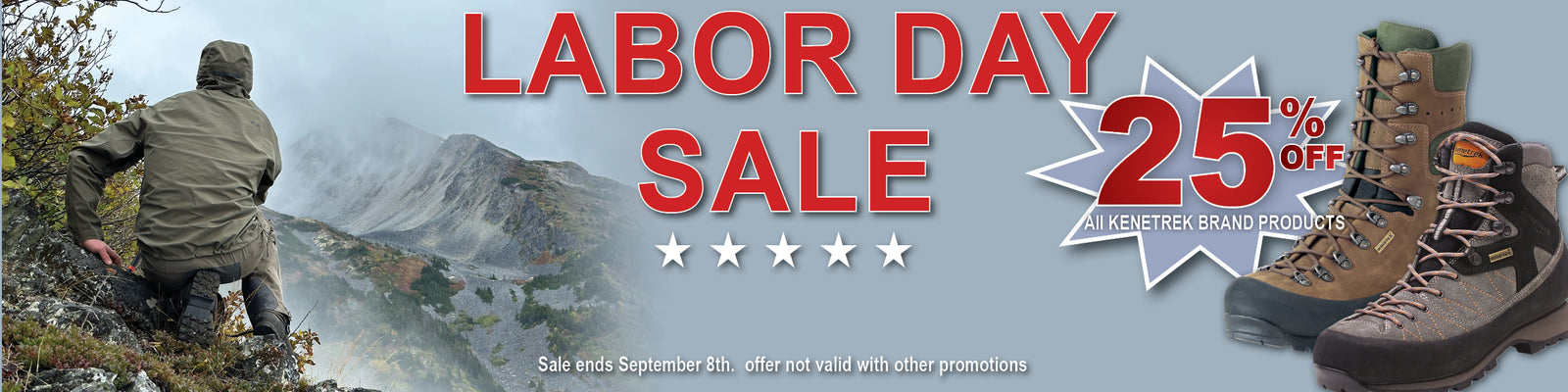 Labor Day Sale promotional banner featuring a mountain hiking scene on the left, large red text reading 'LABOR DAY SALE,' a white starburst with '25% OFF,' and a pair of brown hiking boots on the right.