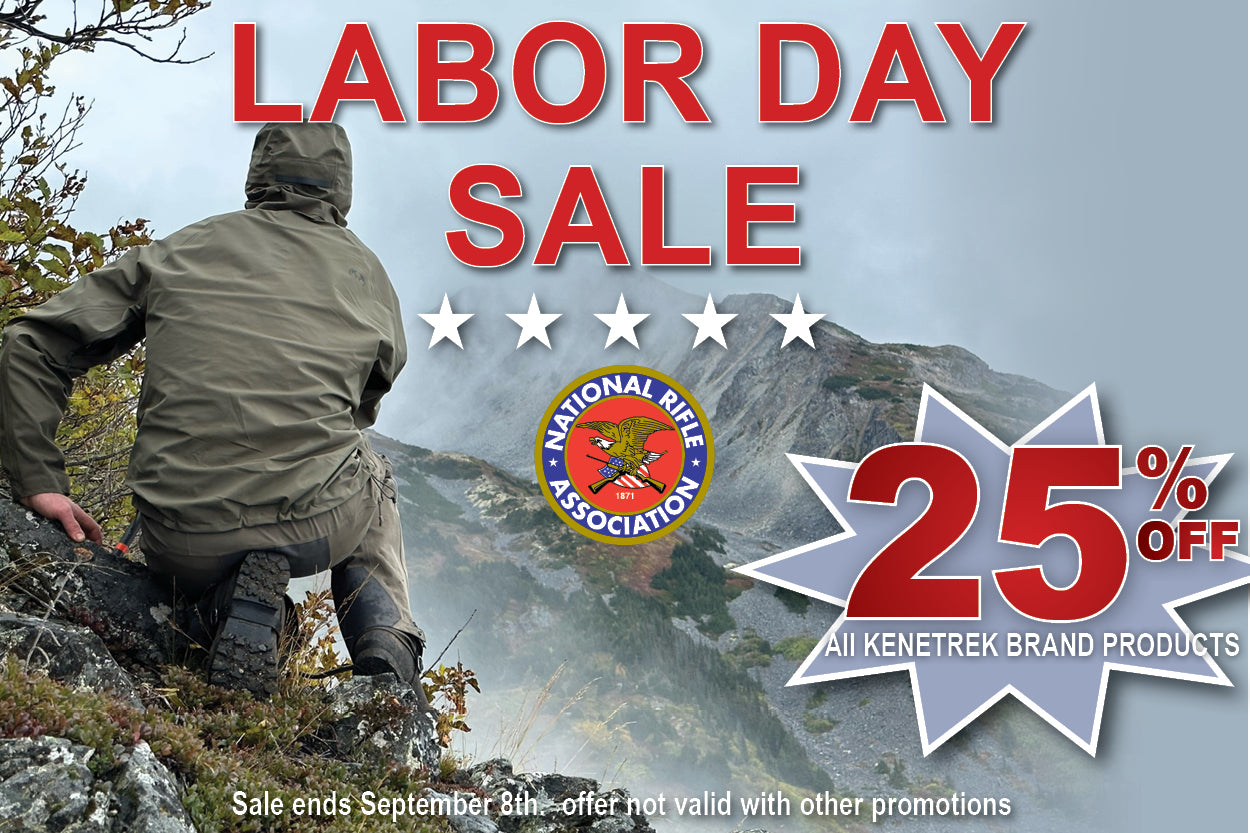 Labor Day Sale promotional graphic with a person in an olive green jacket and pants kneeling on a rocky mountainside. Large red text reads 'LABOR DAY SALE,' with a National Rifle Association logo and a starburst offering 25% off all Kenetrek brand products.